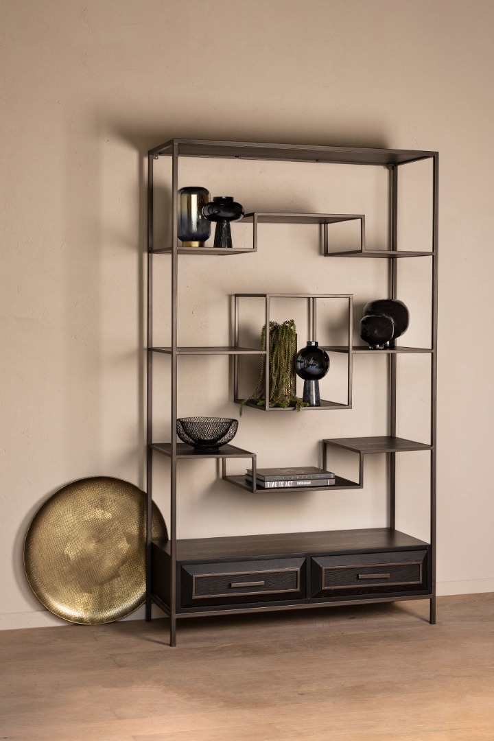 Nachtvlek Gasvormig Trojaanse paard PTMD Lixly Black wood iron frame open cabinet - Vitrinekast - Lifestyle  Plaza